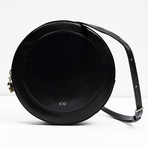 Italian Leather Round Crossbody Bag Black Minimal Circle Purse Made in Italy 8"